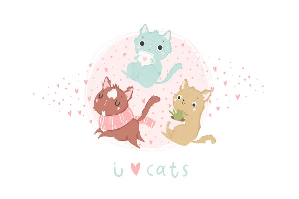 Pegatina Divertidos Gatos Dibujos Animados Lindo Vector Ilustración — Vector de stock