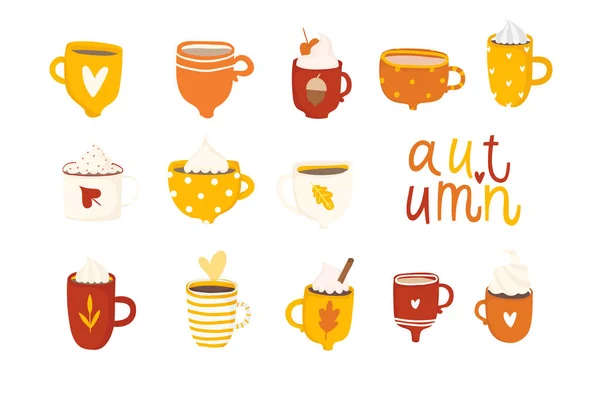 Hand Drawn Yellow Orange Autumn Romantic Seamless Pattern Cute Cups — Stock Vector