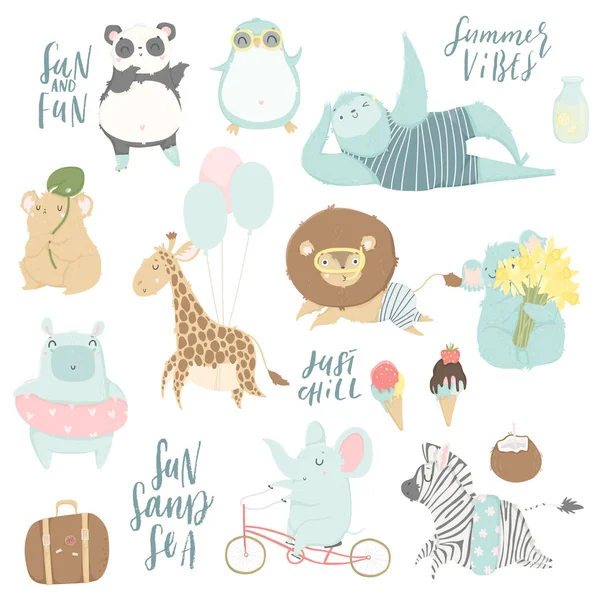 可爱的动物人物孤立的插图在卡通手绘的风格为儿童 夏季集 冰淇淋等元素 矢量集合 — 图库矢量图片