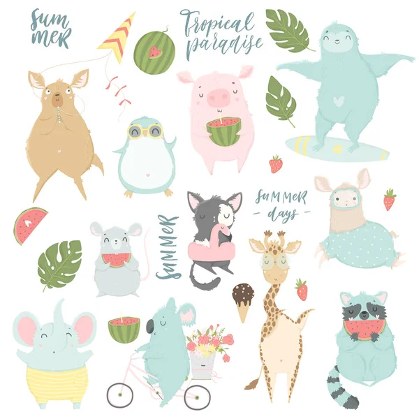 Animaux Mignons Personnages Illustrations Isolées Dans Style Dessiné Main Bande — Image vectorielle