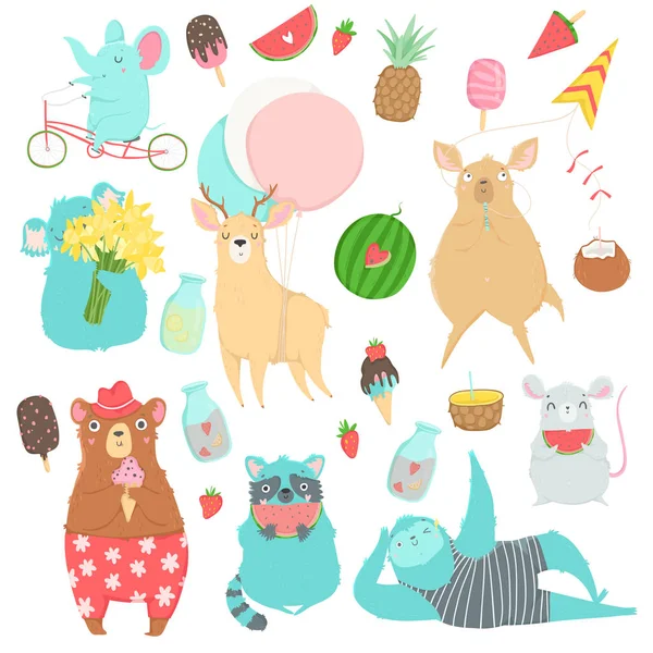 Animaux Mignons Personnages Illustrations Isolées Dans Style Dessiné Main Bande — Image vectorielle