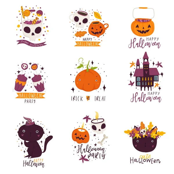 Vektorová Ilustrace Halloweenské Karty Nastavení — Stockový vektor