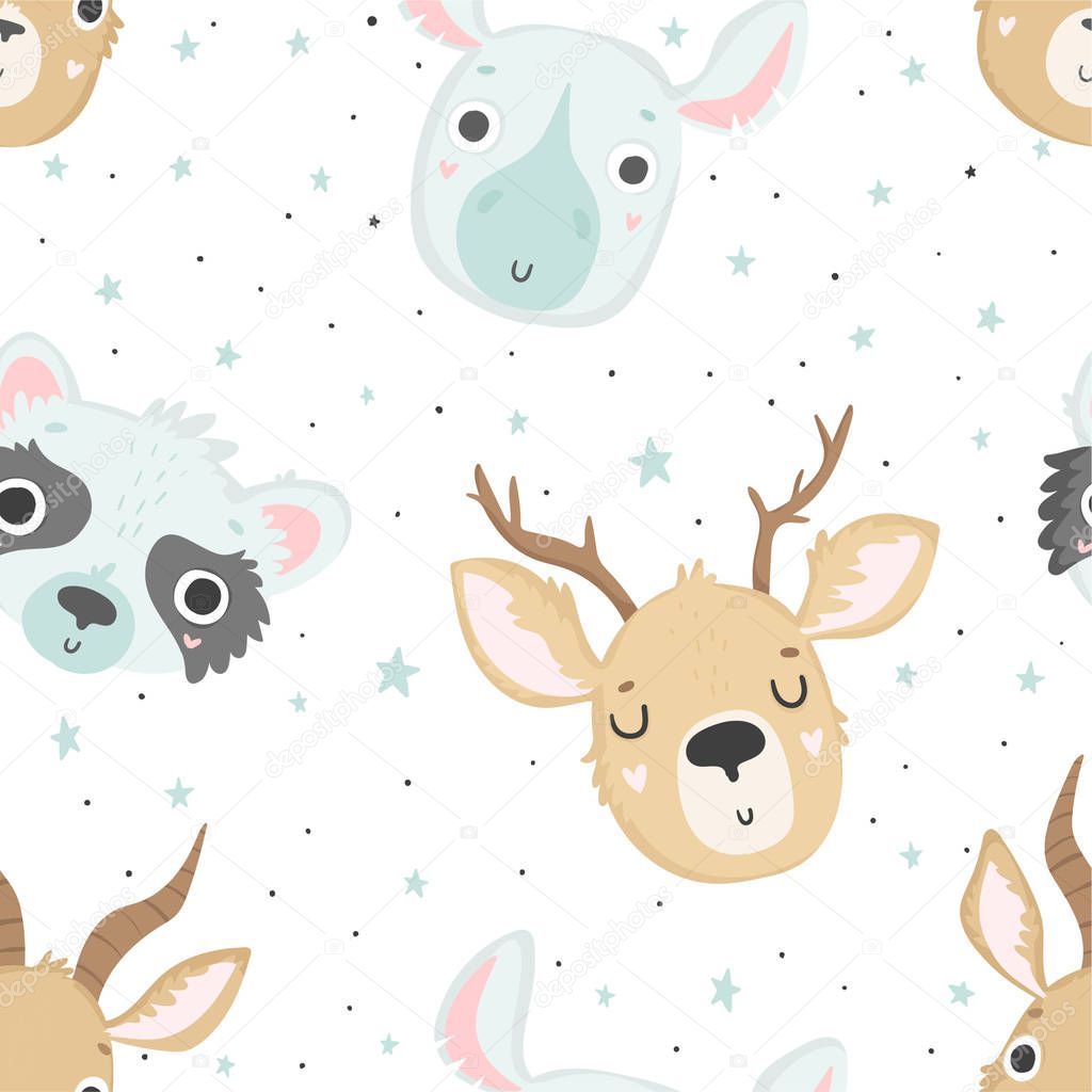 Cute baby animals seamless pattern, nursery isolated illustration for children clothing. Hand drawn boho image Perfect for phone cases design, nursery posters, postcards
