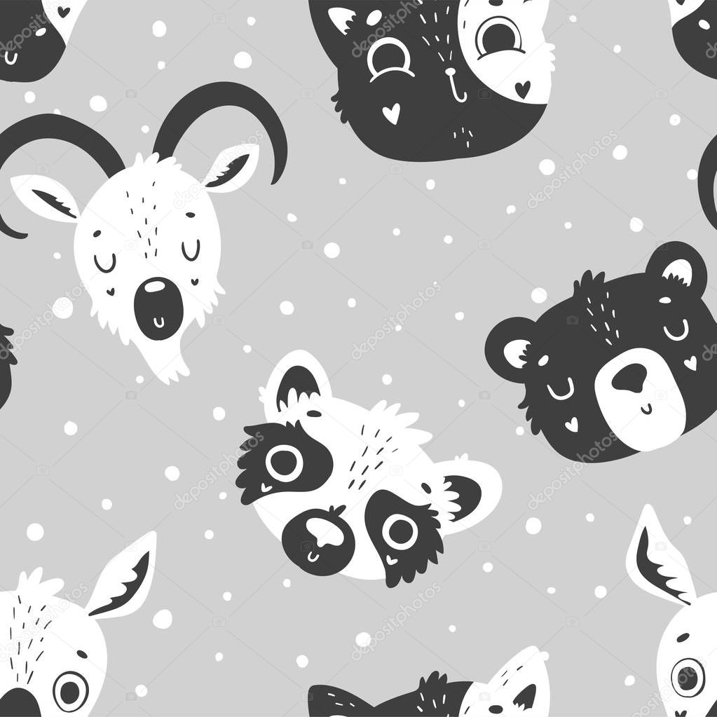 Cute scandi black and white seamless pattern with animals, nursery isolated illustration for children clothing. Hand drawn monochrome image. Perfect for phone cases design, nursery posters, postcards