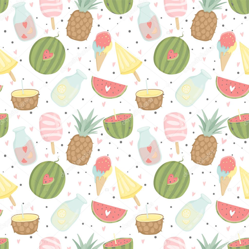 Summer seamless pattern with ice cream, fruits. Wrapping paper, fabric, wallpaper, background  design. 