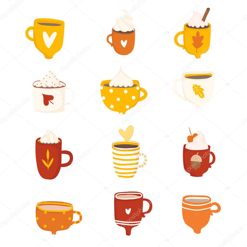 Hand drawn yellow and orange Autumn romantic seamless pattern with cute cups, mugs. Vector illustration background in yellow, orange and red colors 