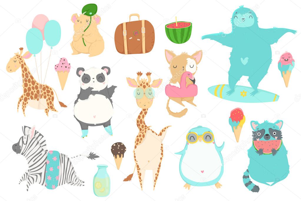 Cute animals charachters isolated illustrations in cartoon hand drawn style for children. Summer set - calligraphy, animals, ice cream and other elements. Vector collection. 