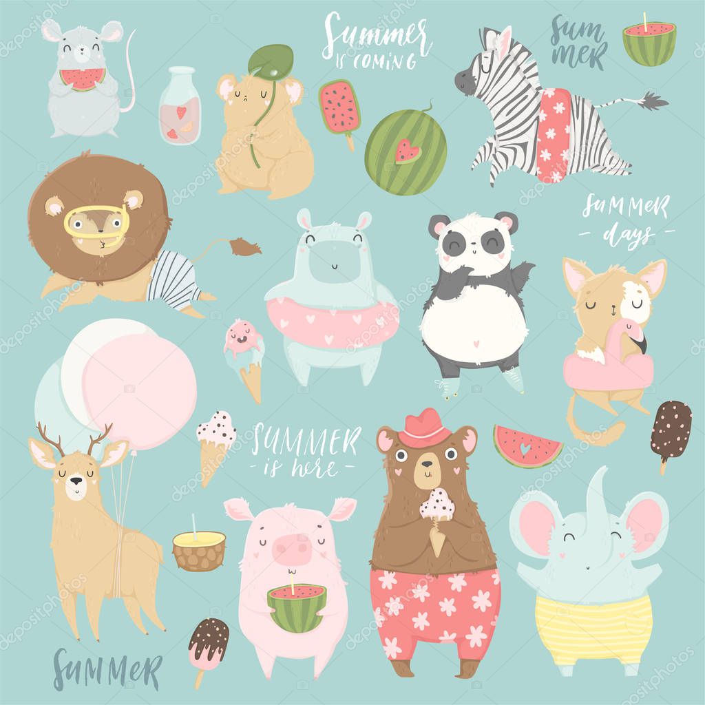 Cute animals charachters isolated illustrations in cartoon hand drawn style for children. Summer set - calligraphy, animals, ice cream and other elements. Vector collection. 