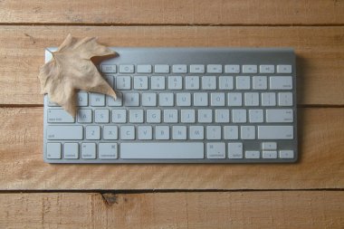 teclado de computadora sobre piso de madera con una hoja otonal encima 
