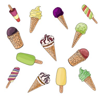 Beyaz arka plan üzerinde izole tat ve şekil farklı dondurma seti. Renkli lezzetli izole dondurma seti. Güzel el çizilmiş vektör illüstrasyon dondurma. Tasarımınız için farklı dondurma.