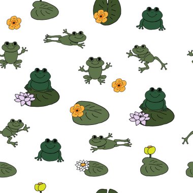 Yeşil kurbağalar ile çocuklar için dikişsiz desen, zambak ve Nuphar lutea ile bir gölet yüzmek. Modern çocuk tasarımı, tekstil, giyim, duvar kağıdı, ambalaj için idealdir. Elle çizilmiş illüstrasyon.