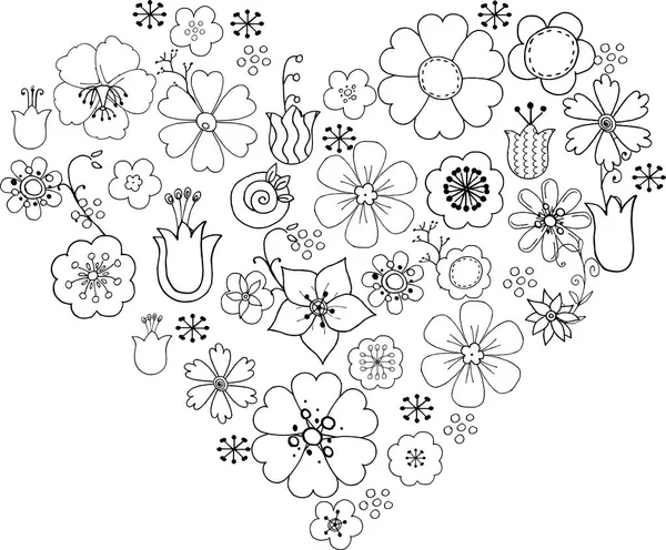 Monohrom Heart of doodle flowers in the vector on the white background — Stock Vector