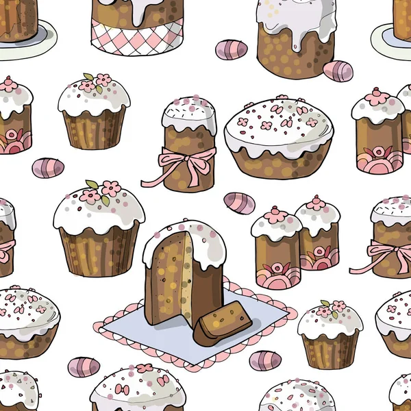 Fond d'image de Pâques sans couture avec des gâteaux de Pâques sur fond blanc — Image vectorielle