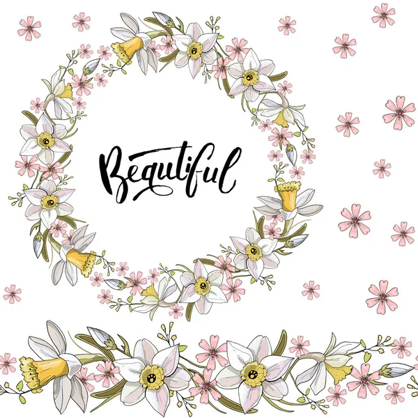 Çiçek romantik elemanları ile Dikişsiz desen. Sezon bahar tasarımı için sonsuz doku. Nergis çiçekleri