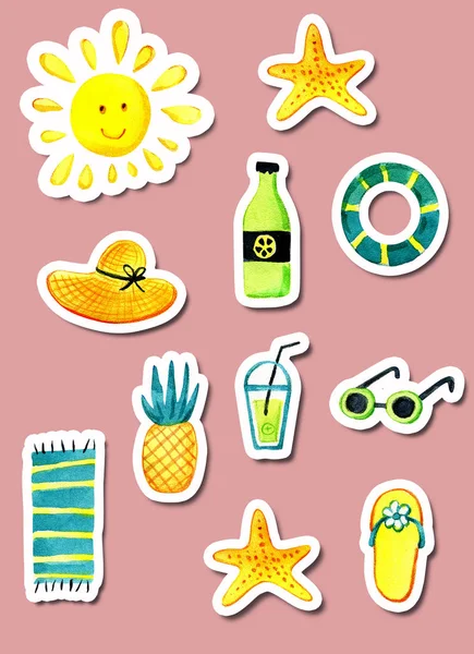 A set of isolated objects of summer theme watercolor. — Stock Photo, Image