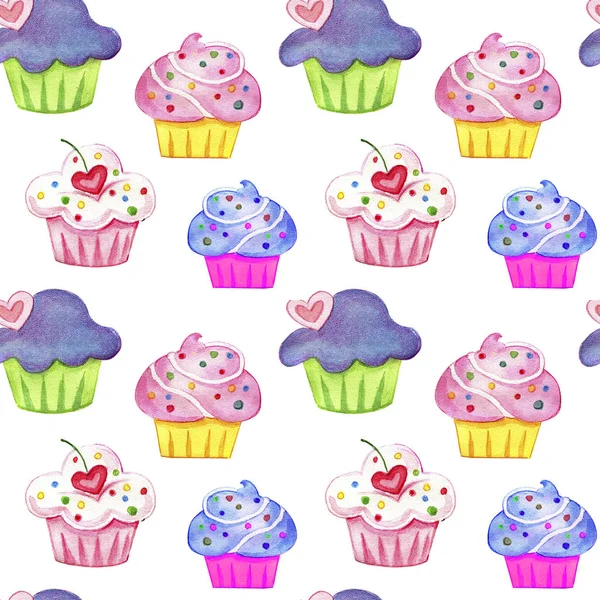 Dibujo a mano acuarela conjunto de cupcakes aislados sobre fondo blanco — Foto de Stock