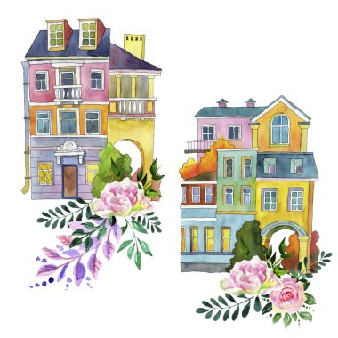 Beyaz arka planda izole edilmiş suluboya evler. Çocuk illüstrasyonu. Kusursuz arkaplan.