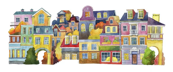 Set of watercolor houses isolated on white background. Childrens illustration. Seamless background.