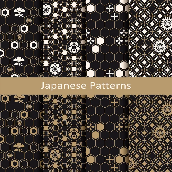 Set Eight Seamless Vector Japanese Geometric Patterns Flowers — Stock Vector
