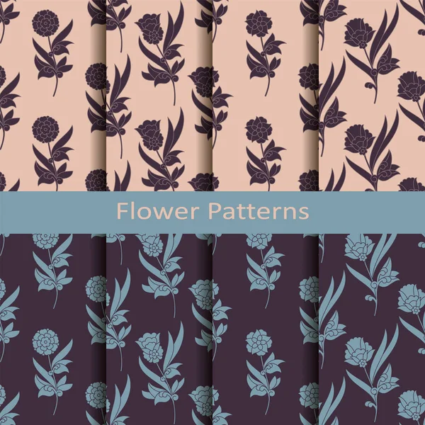 Set van acht naadloze vector patroon met vintage bloemen. naadloze sjabloon in het deelvenster Stalen. ontwerp voor print, textiel, hout blok — Stockvector