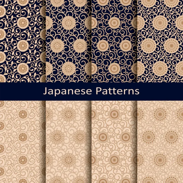 8つの日本の幾何学的パターンのシームレスなベクトルセット。スウォッチパネルのシームレスなテンプレート — ストックベクタ