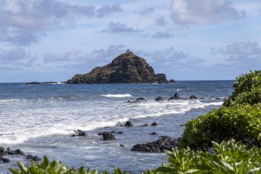 Hawaii 'de dalgalar kayalık kumsala doğru ilerliyor.