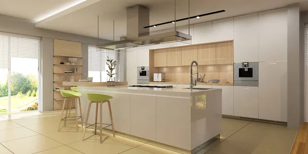 Modern interior of kitchen and living room.