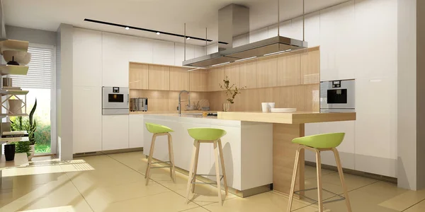 Modern interior of kitchen and living room.