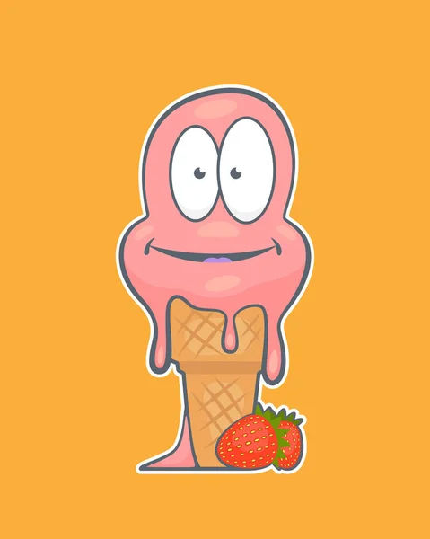 Απεικόνιση διάνυσμα χαριτωμένο παγωτό φράουλα σε πορτοκαλί φόντο. — Διανυσματικό Αρχείο