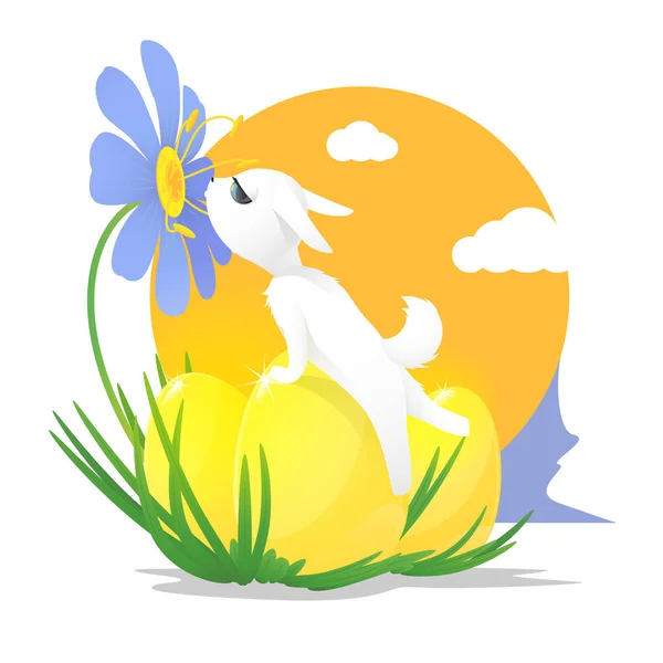 Ilustração vetorial de um coelho branco e três ovos para a Páscoa . — Vetor de Stock