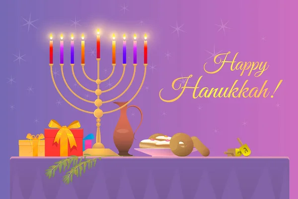 Cartão de saudação de férias de Hanukkah em um contexto roxo . —  Vetores de Stock