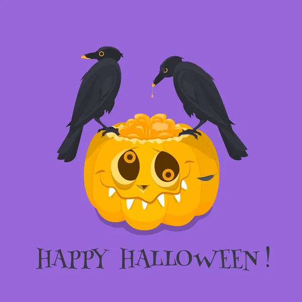 Feliz Halloween. una calabaza naranja y dos cuervos negros . — Vector de stock