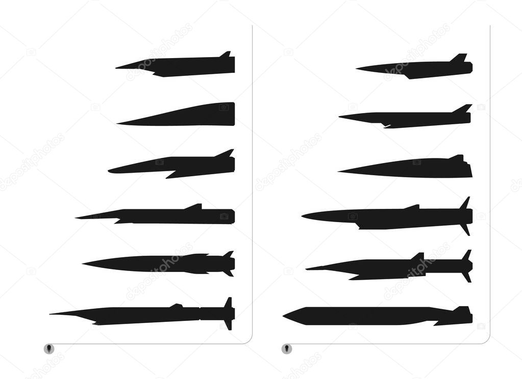 Vector illustration of black hypersonic rockets on a white background.