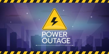 Vector illustration of the banner of a power cut with a warning sign the one is on the background of the night city. clipart
