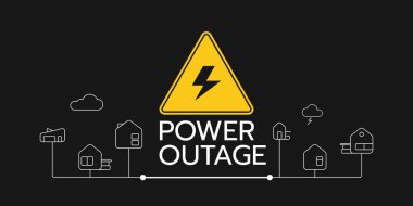 Bir uyarı işareti ve evlerin anahat simgeleri ile bir elektrik kesintisi afiş vektör illüstrasyon bu siyah arka plan üzerinde.