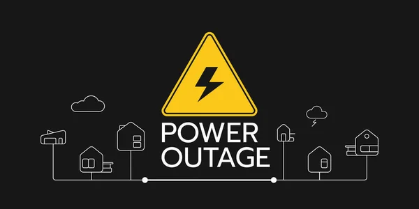 Vector illustration of the banner of a power outage with a warning sign and the outline icons of houses these are on the black background. — Stock Vector