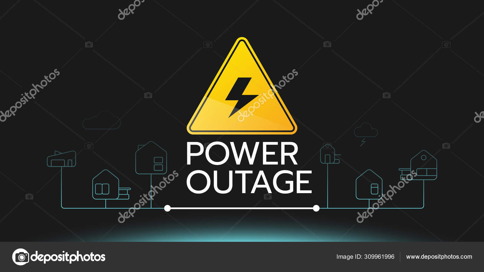 The Vector Banner Of A Power Outage With A Warning Sign And The Outline Icons Of Houses These Are On The Black Background With A Glow Stock Vector C Vit Art Vector 309961996