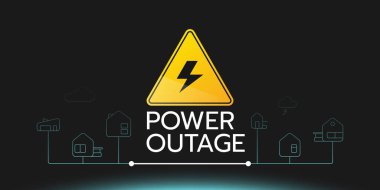 The vector banner of a power outage with a warning sign and the outline icons of houses these are on the black background with a glow. clipart