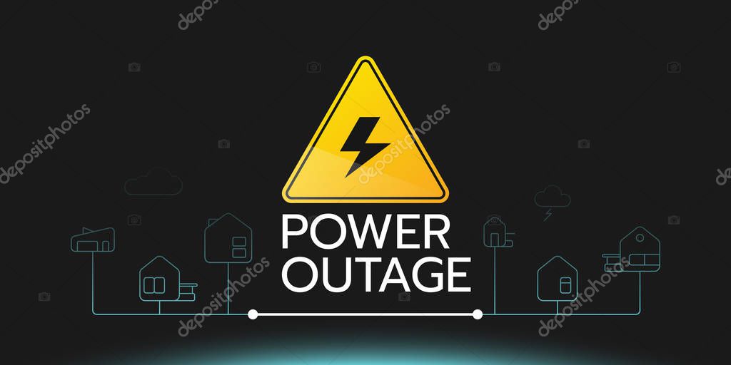 The power outage banner with a warning sign the one is on the black background with a slight blue glow also there are the outline icons of houses connect each other.