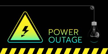 Banner of a power outage with a warning sign and an extinguished light bulb all these stuff on the solid black background. clipart