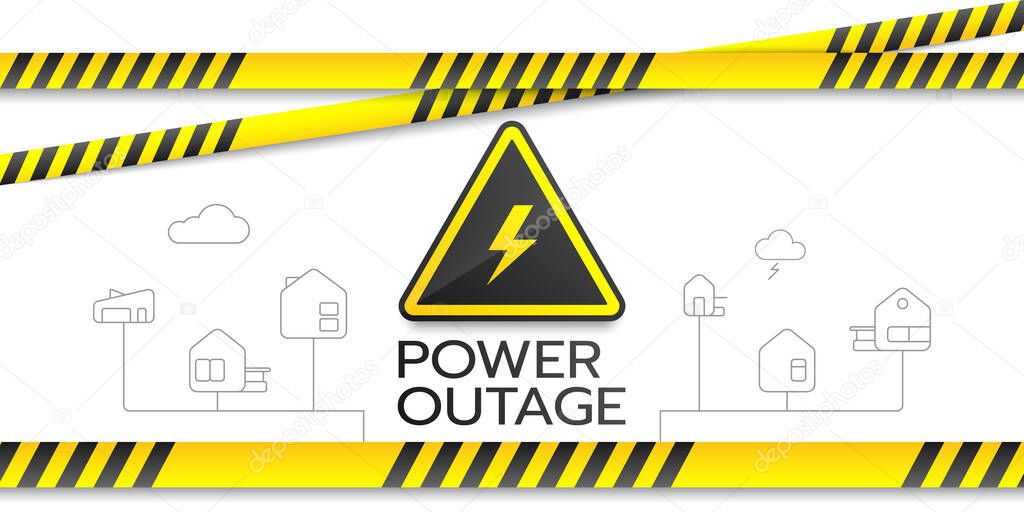 Power outage banner with a warning sign, safety tapes, and outline icons of houses are isolated on a white background. Vector illustration.