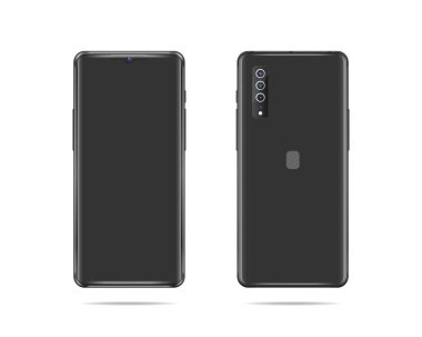 Önü ve arkası beyaz arka planda izole edilmiş siyah akıllı telefon. Boş ekran. Vektör illüstrasyonu, EPS 10.
