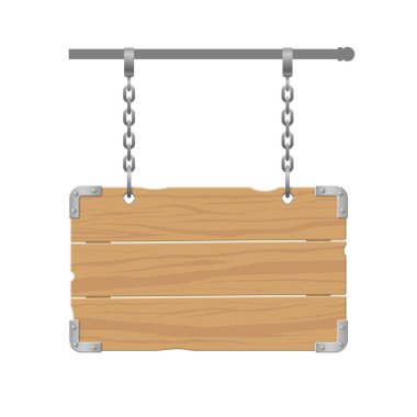 Metal köşeli ve perçinli ahşap tabela zincirlere asılı. Tabela beyaz bir arkaplanda izole edilmiştir..