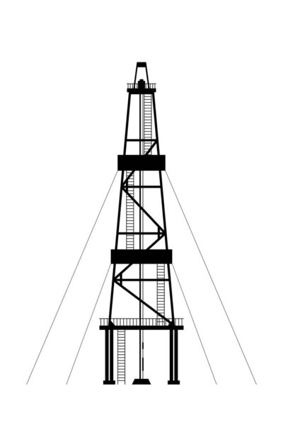 Черный силуэт буровой установки выделен на белом фоне. Плоские векторные иллюстрации, eps 10.