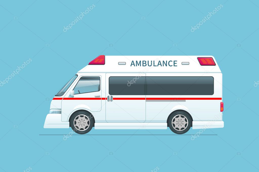 The white ambulance in a Japanese style is standing sideways with a red stripe and a word of the ambulance is on a side of the car. The vehicle is isolated on a light-blue background.