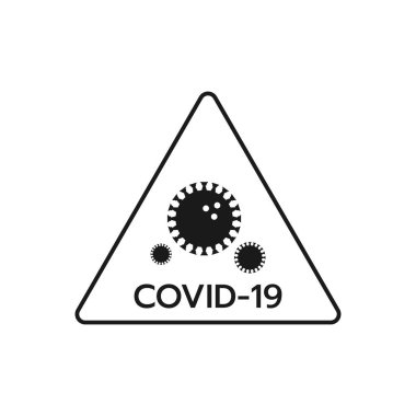 Siyah koronavirüs uyarı işareti. Virüs logosu ve covid-19 kısaltması beyaz arka planda izole edilmiştir..