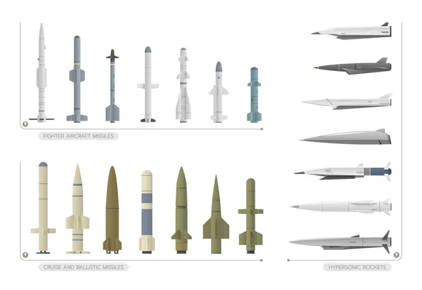 Die Verschiedenen Arten Von Raketen Gibt Kampfflugzeuge Marschflugkörper Ballistische Raketen — Stockvektor