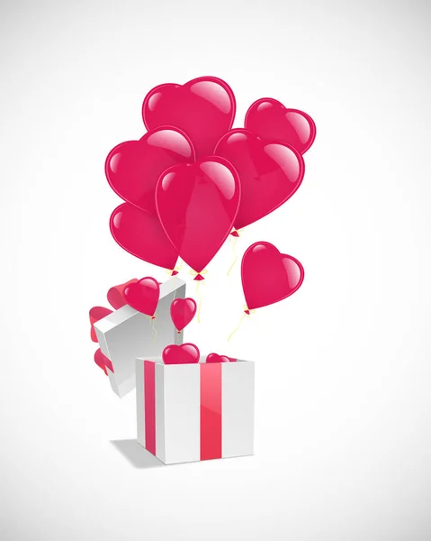 Die Weiße Offene Geschenkschachtel Mit Roten Bändern Und Herzförmigen Luftballons — Stockvektor