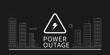 Black power outage banner with a triangular warning sign and the white outline of the city. Editable stroke. EPS 10. clipart