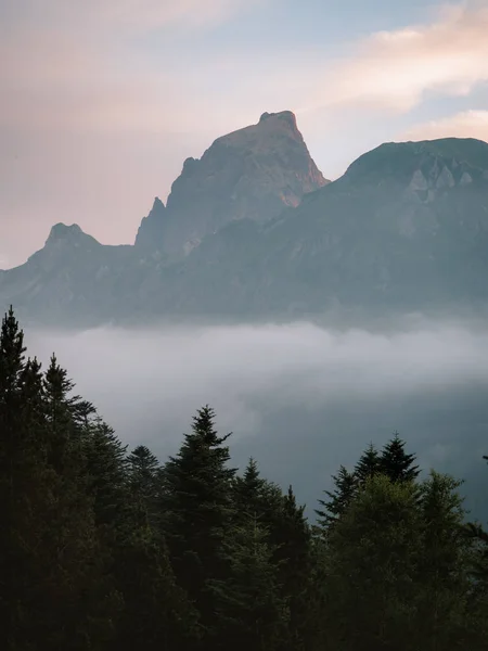 Pico de montaña por encima de la inversión de nubes y primer plano del bosque — Foto de Stock